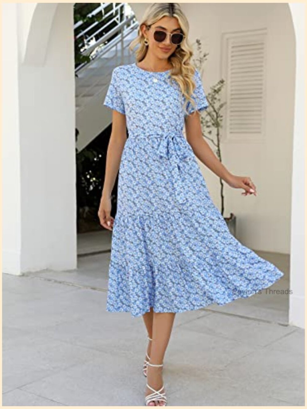 Tiered Midi Dress Short Sleeve Belted Ruffle Babydoll Boho Sundress with Pockets - Picture 6 of 7